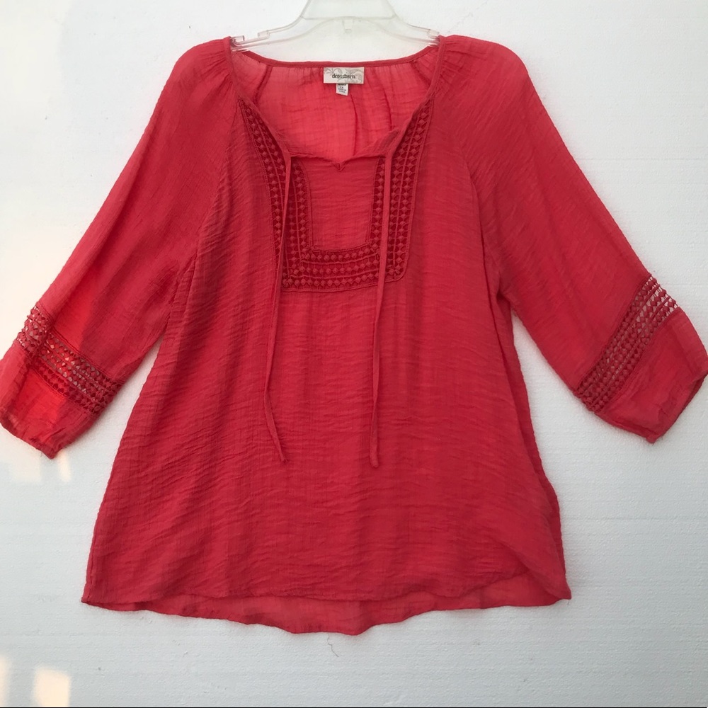 Dress Barn sz1X coral peasant crochet accent top